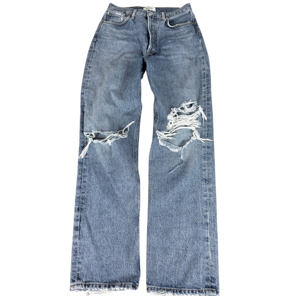 Agolde High Rise Distressed Straight Leg Jeans in Light Blue